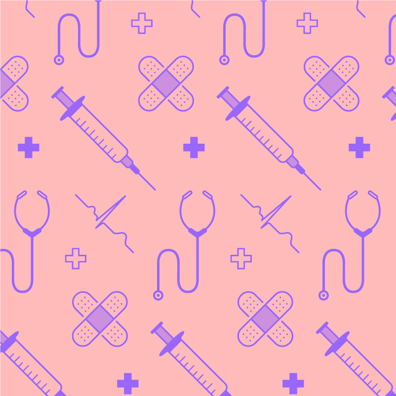 Angled purple pattern of bandaids, needles, stethoscopes, crosses and ecg lines against a pink background.